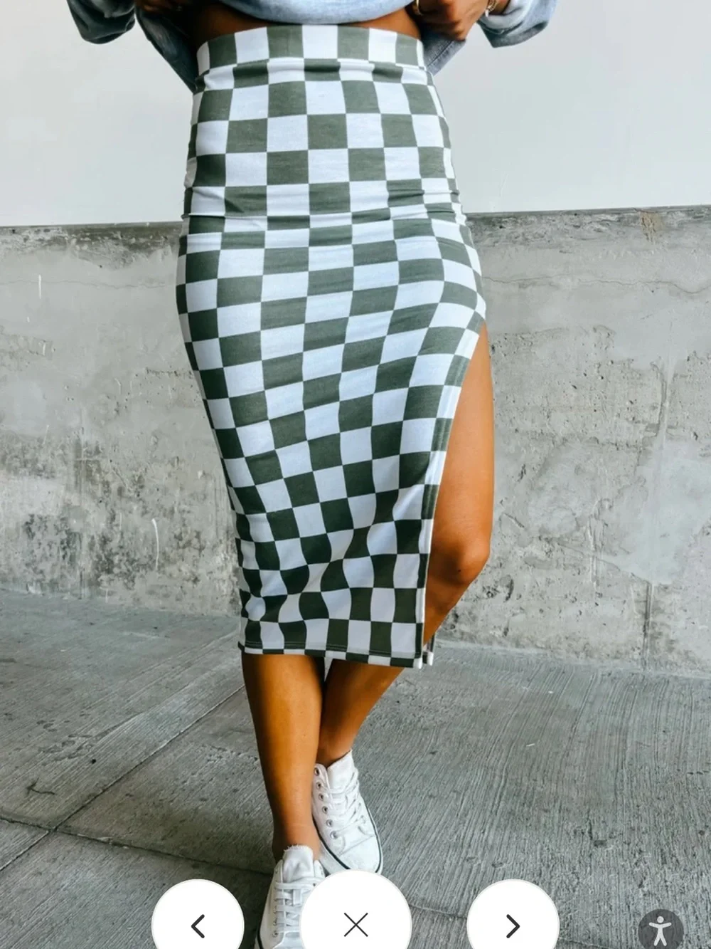 Checkerboard Midi Skirt with Side Slit - Olive & White